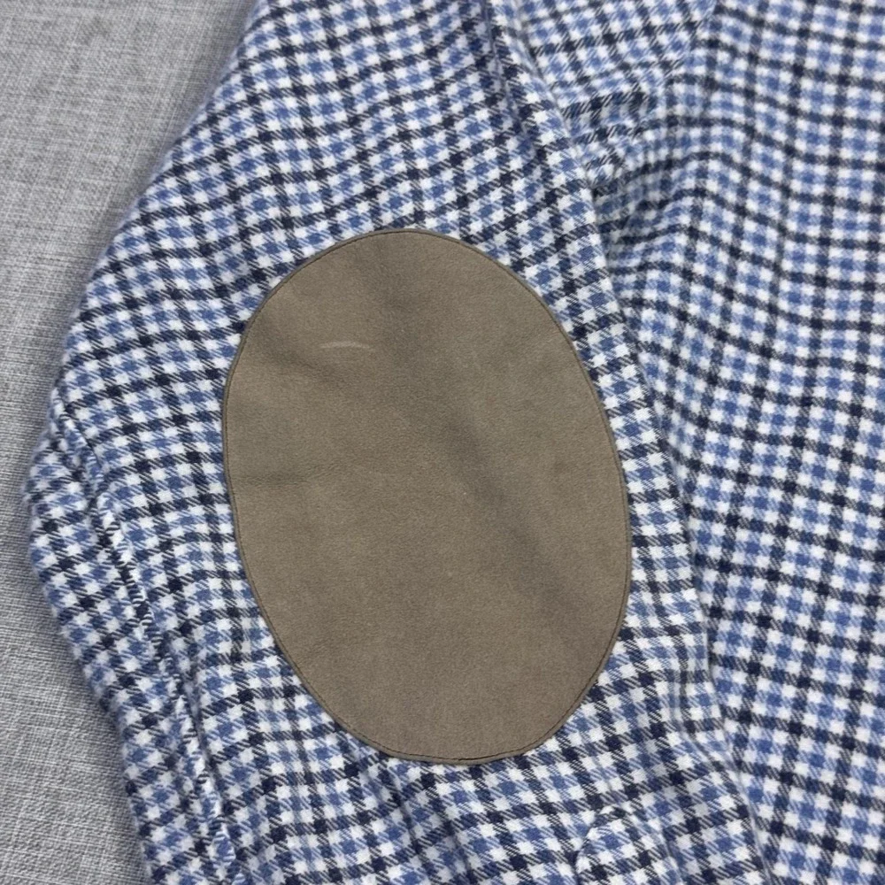 Ralph Lauren Flannel Button Shirt Mens Medium Blue Check Long Sleeve Suede Elbow